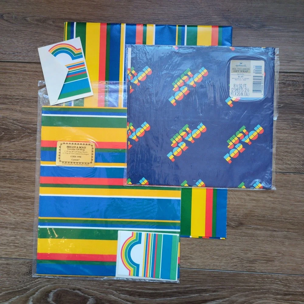 Vtg 80s Hallmark Current Gift Wrapping Paper + Cards Retro‎ Stripes Just for You